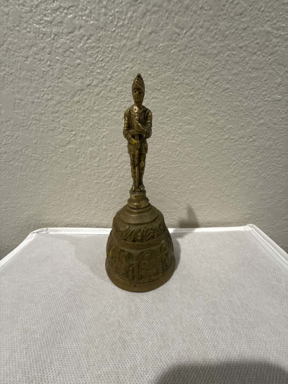 Vintage Figural Brass Hand Bell Knight /Conquistador Soldier in Armor with Sword